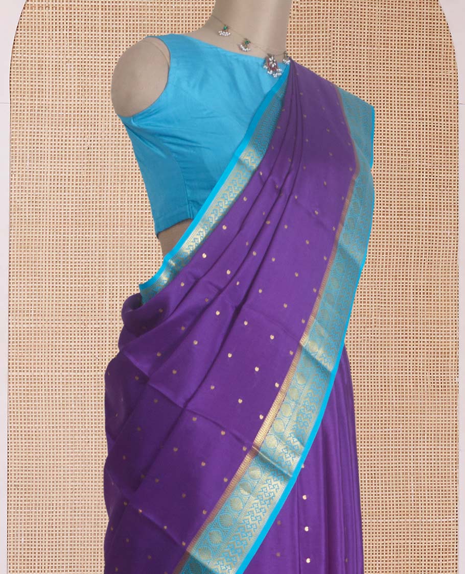 Purple zari buttas Mysore silk saree, contrast traditional zari design border, and zari woven pallu