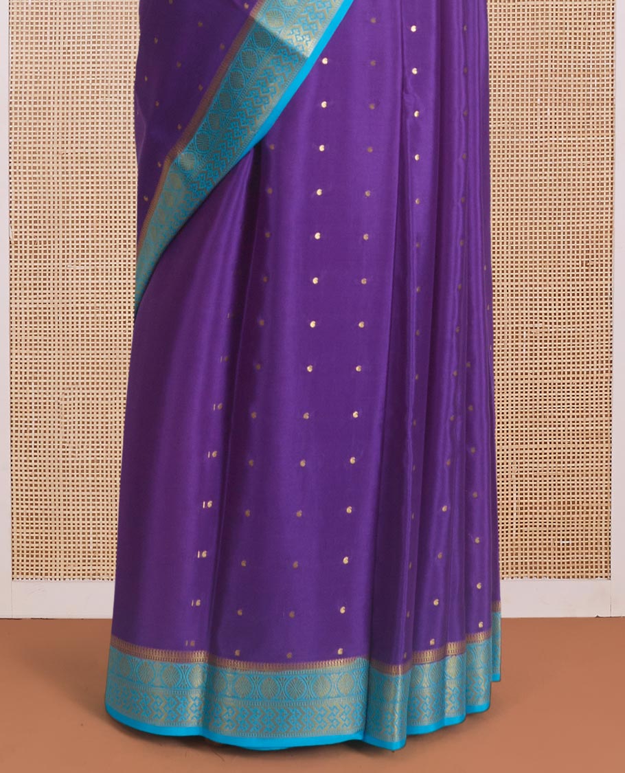 Purple zari buttas Mysore silk saree, contrast traditional zari design border, and zari woven pallu