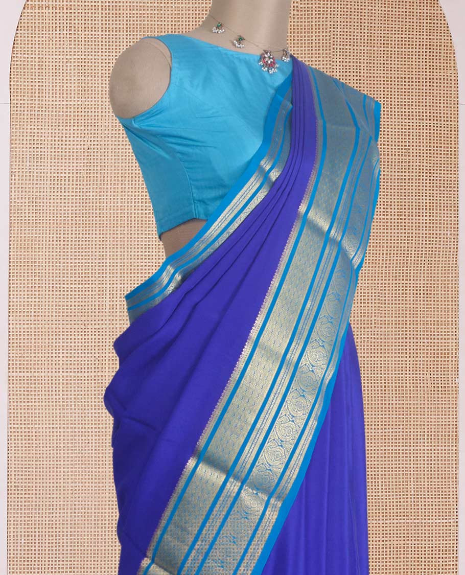 Royal blue zari buttas Mysore silk saree, contrast traditional zari design steeped border, and zari woven pallu