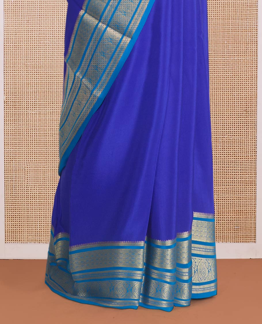 Royal blue zari buttas Mysore silk saree, contrast traditional zari design steeped border, and zari woven pallu