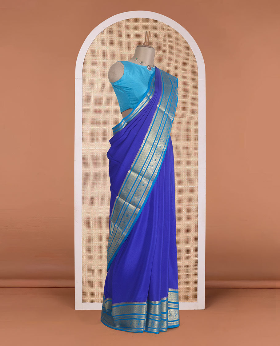 Royal blue zari buttas Mysore silk saree, contrast traditional zari design steeped border, and zari woven pallu
