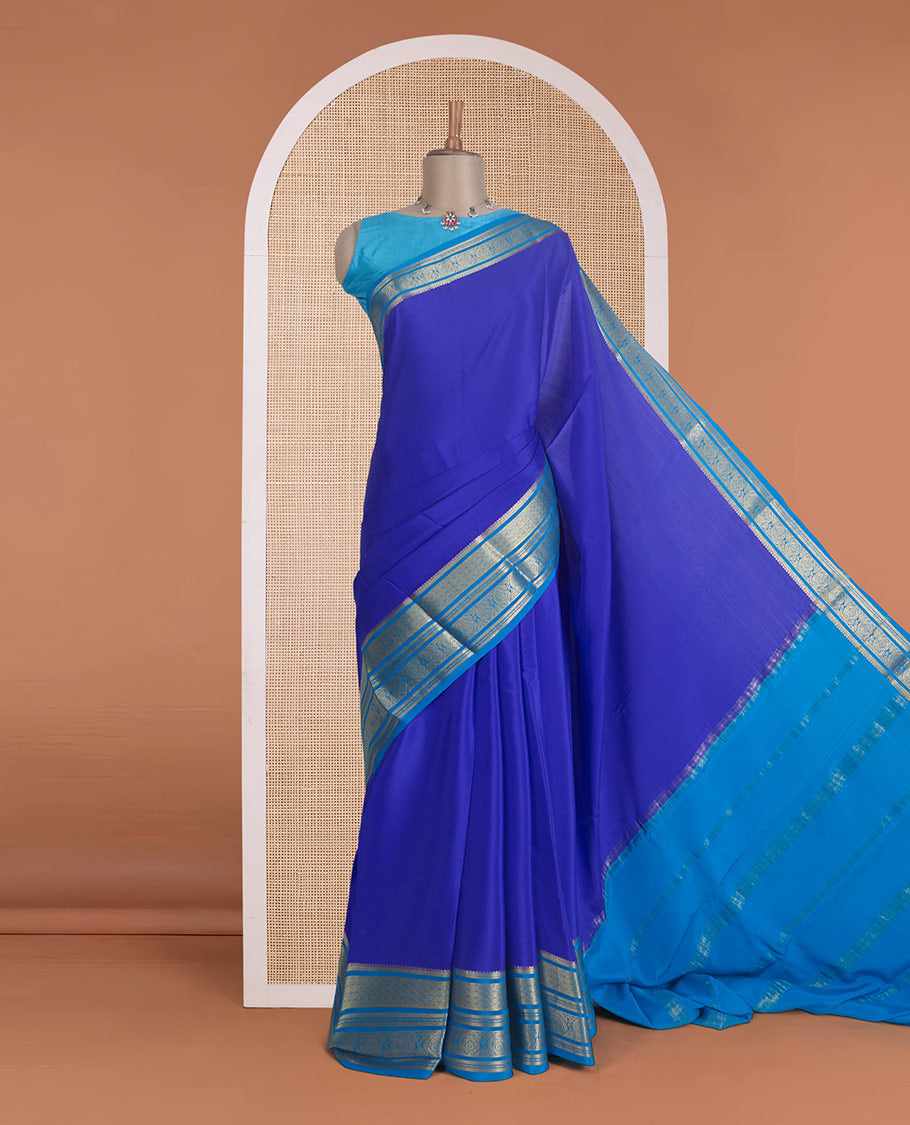 Royal blue zari buttas Mysore silk saree, contrast traditional zari design steeped border, and zari woven pallu