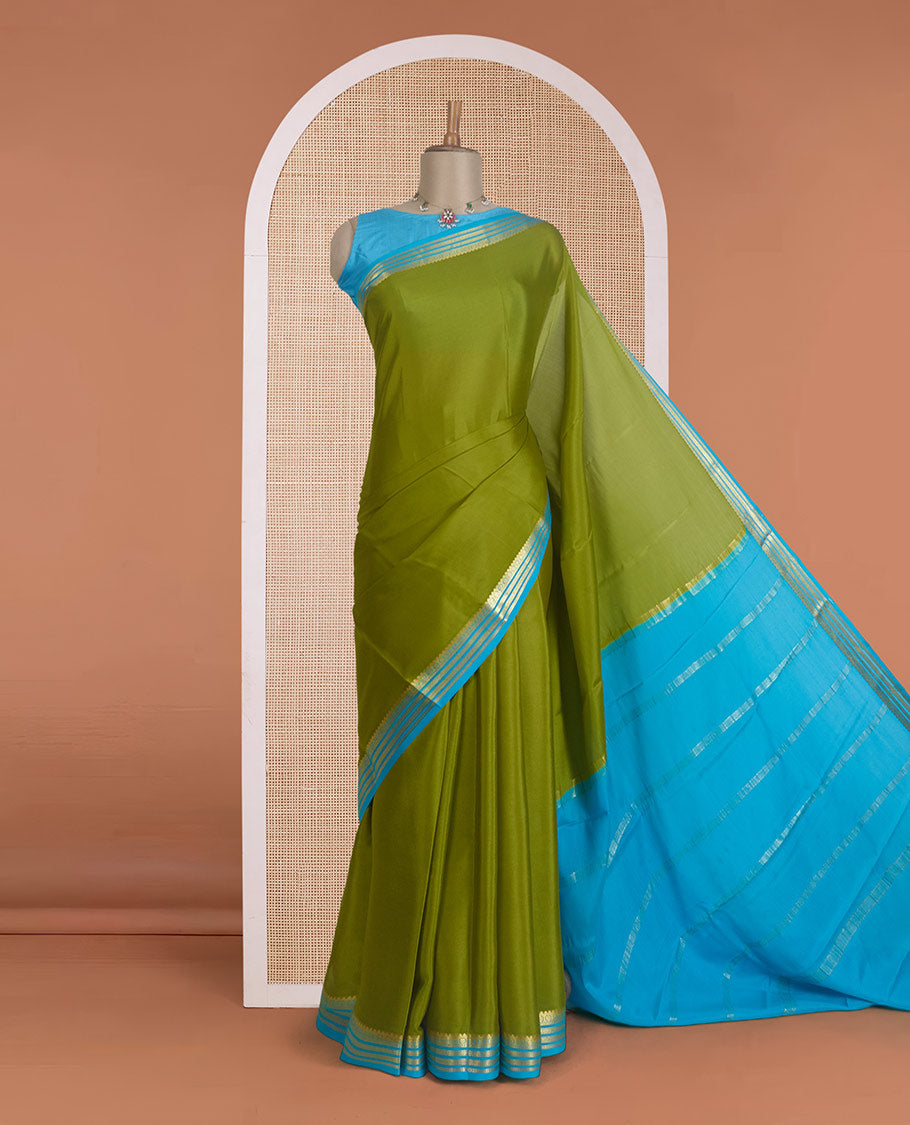 Parrot green plain Mysore silk saree, contrast traditional zari design border, and zari striped pallu