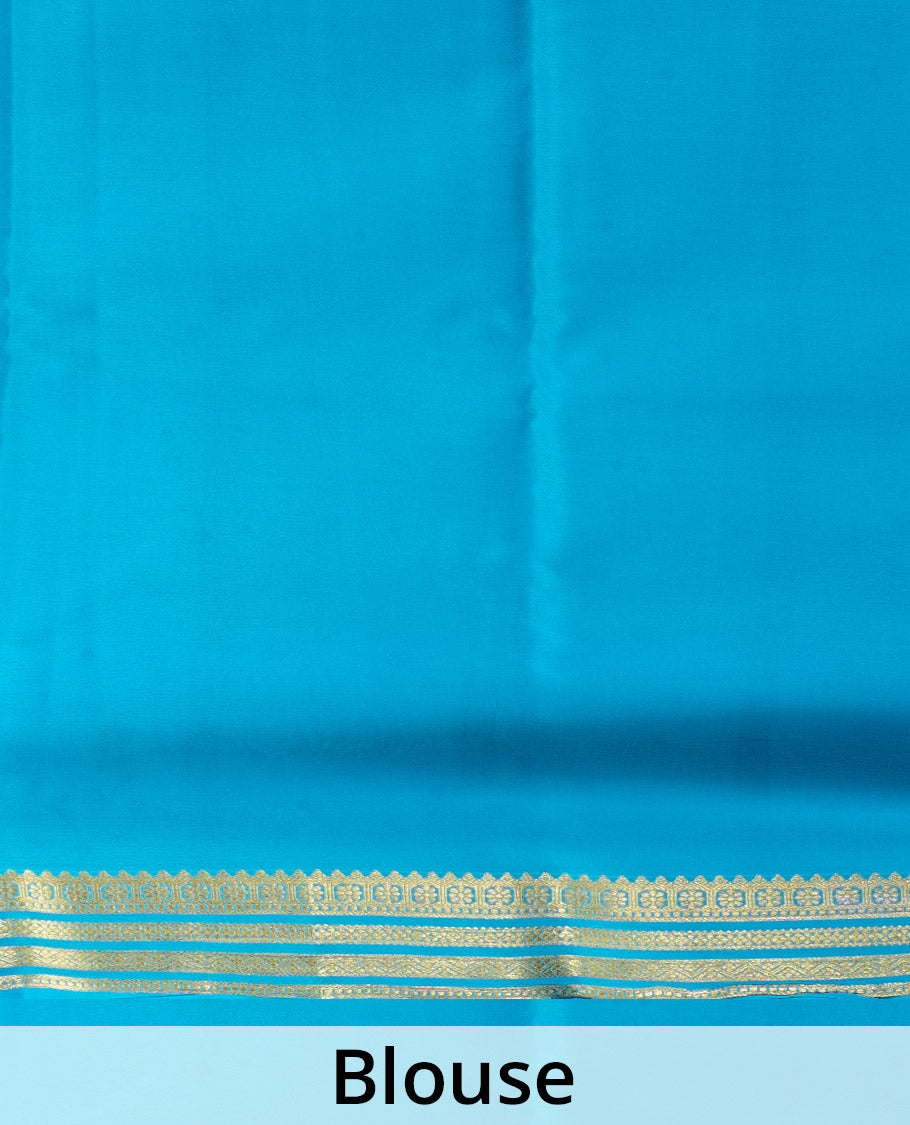 Parrot green plain Mysore silk saree, contrast traditional zari design border, and zari striped pallu