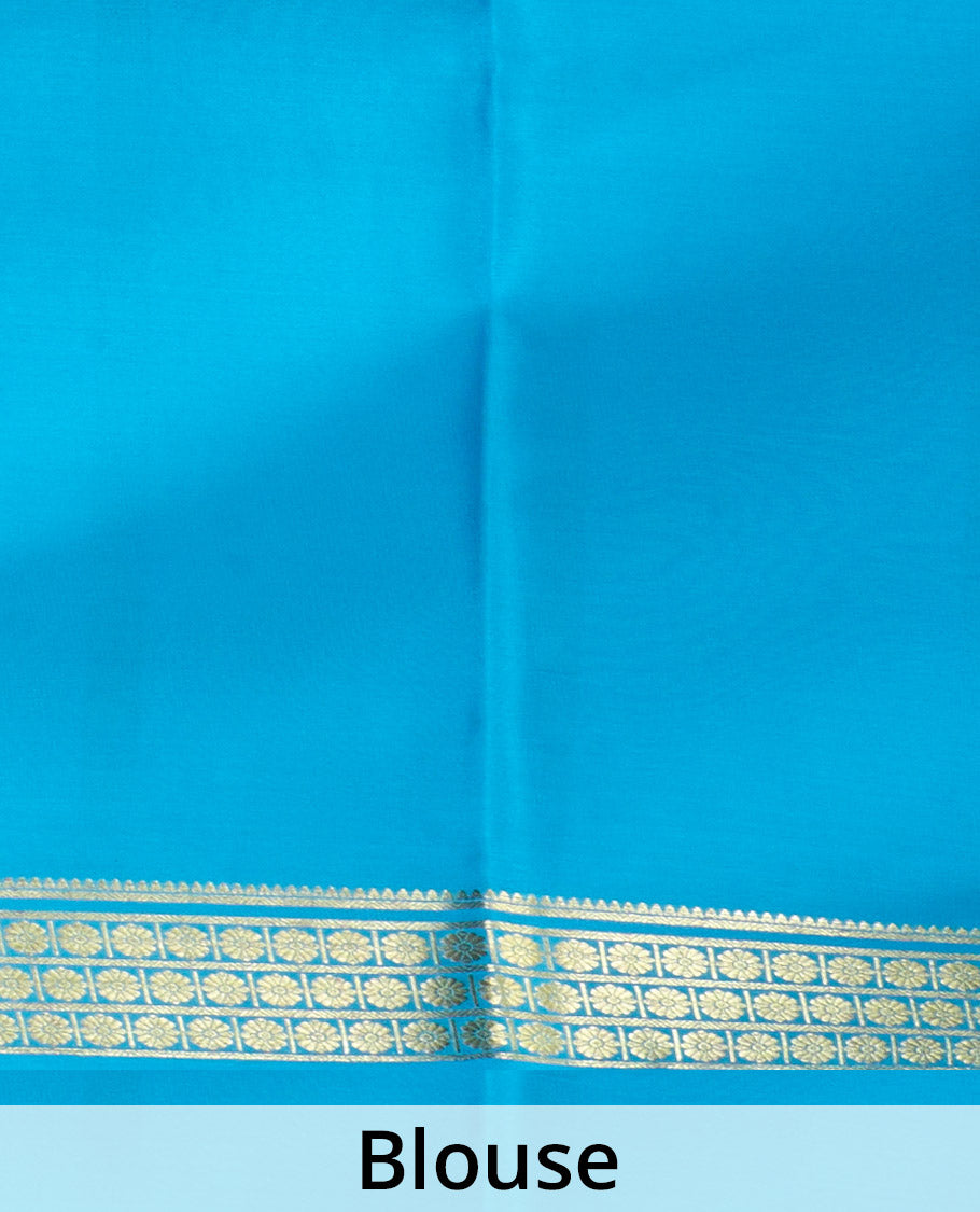 Violet plain Mysore silk saree, contrast floral zari design border, and zari striped pallu