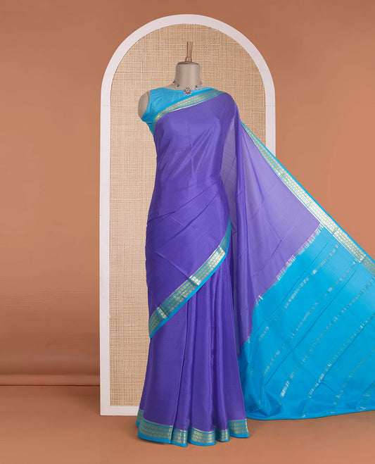 Violet plain Mysore silk saree, contrast floral zari design border, and zari striped pallu