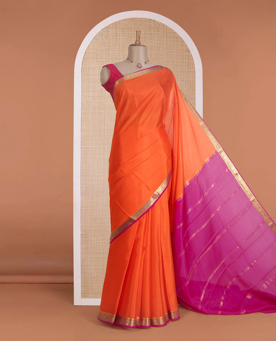 Jalebi orange plain Mysore silk saree, contrast Mughal style zari border, and zari striped pallu