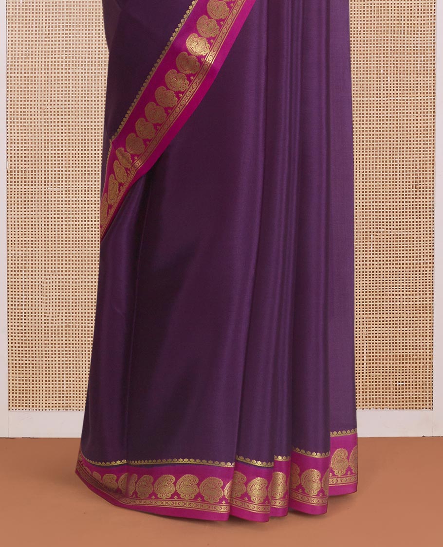 Purple plain Mysore silk saree, contrast paisley zari border, and zari striped pallu