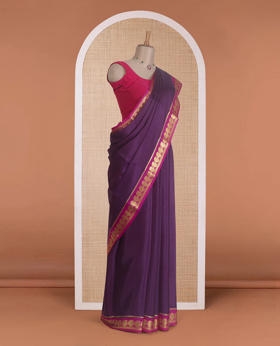 Purple plain Mysore silk saree, contrast paisley zari border, and zari striped pallu