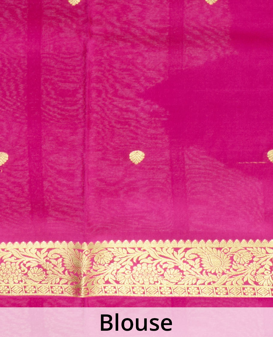 Pink zari buttas Mysore silk saree, floral and paisley design zari border, and zari striped pallu