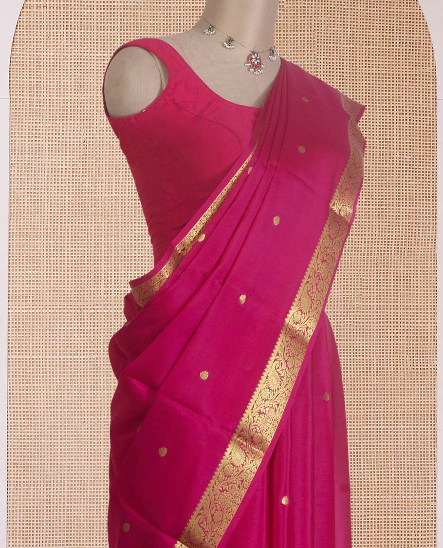Pink zari buttas Mysore silk saree, floral and paisley design zari border, and zari striped pallu