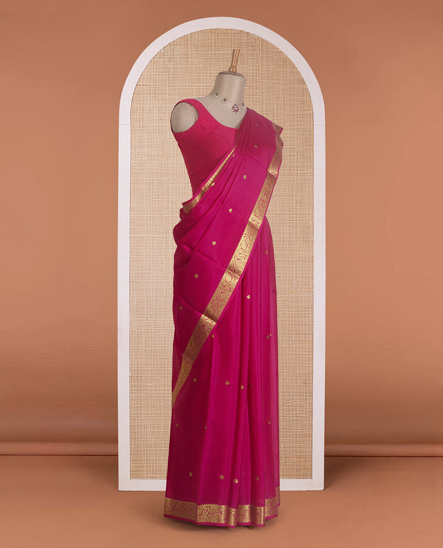Pink zari buttas Mysore silk saree, floral and paisley design zari border, and zari striped pallu