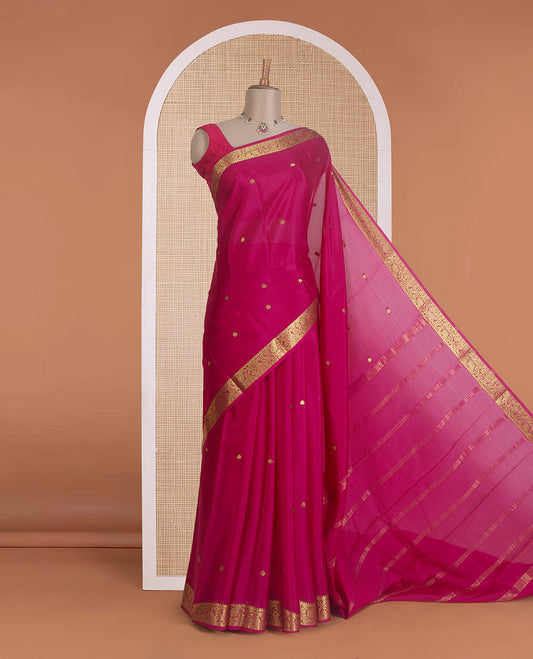 Pink zari buttas Mysore silk saree, floral and paisley design zari border, and zari striped pallu