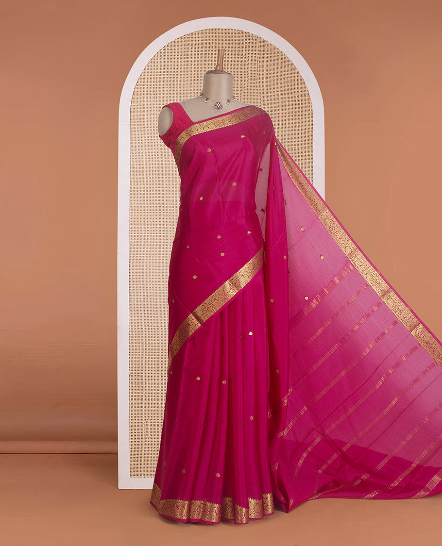 Pink zari buttas Mysore silk saree, floral and paisley design zari border, and zari striped pallu
