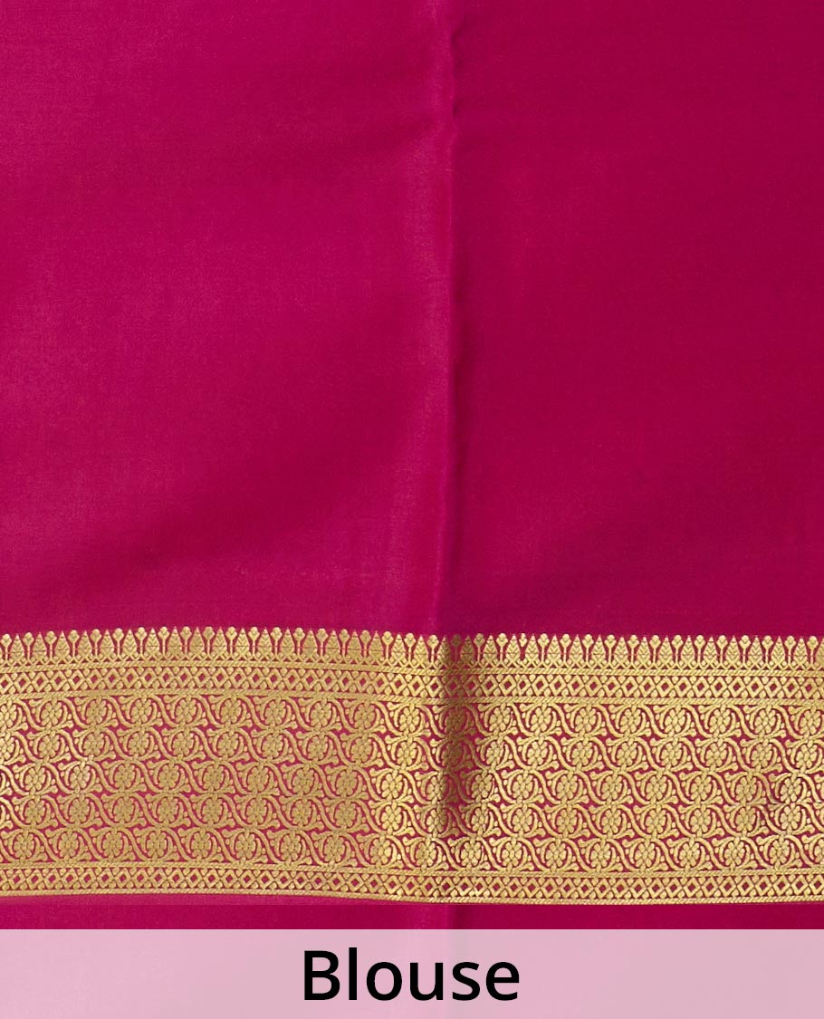 Green zari buttas Mysore silk saree, contrast floral design border, and pallu of jaal design