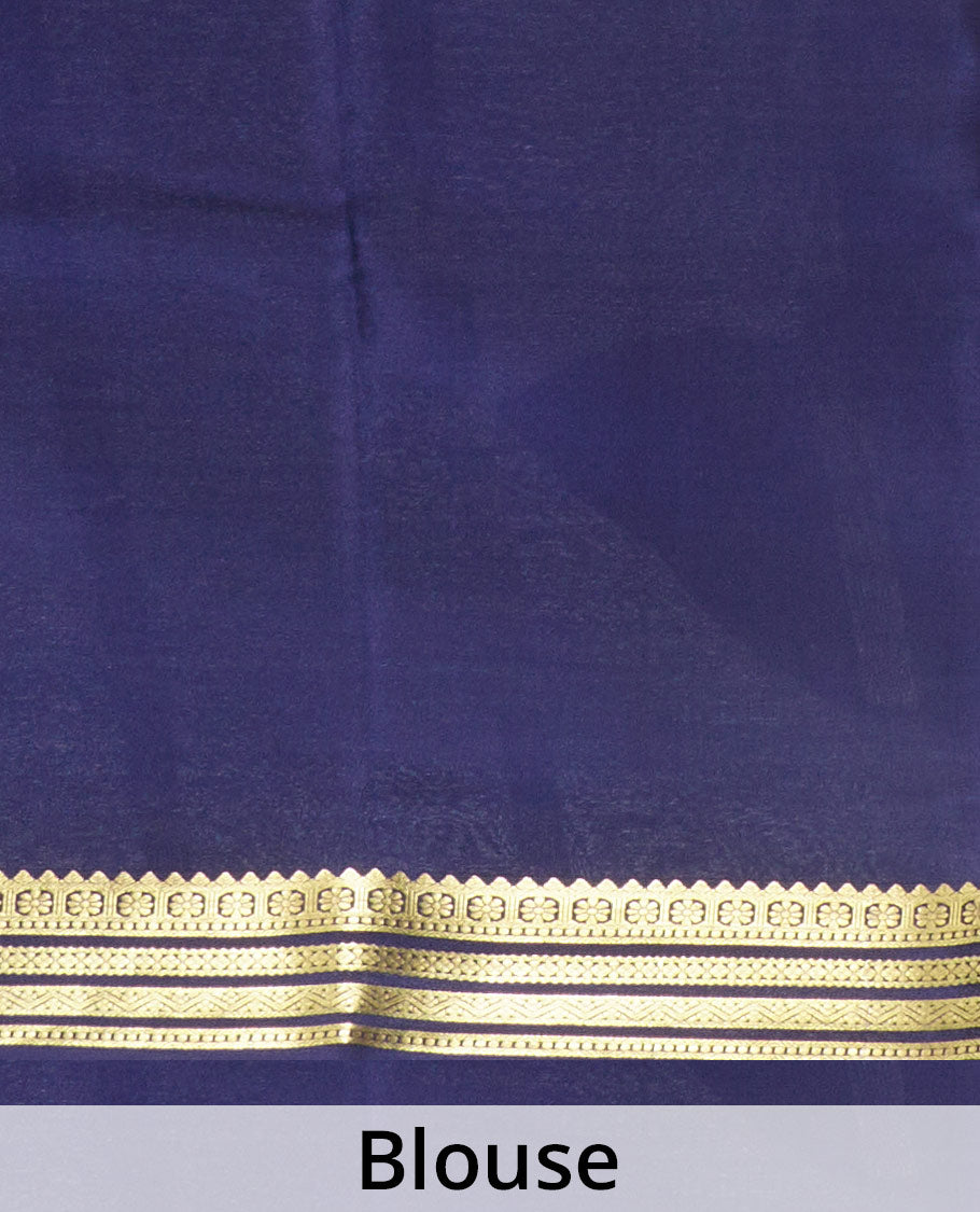Blue plain Mysore silk saree, contrast traditional zari border, and zari striped pallu