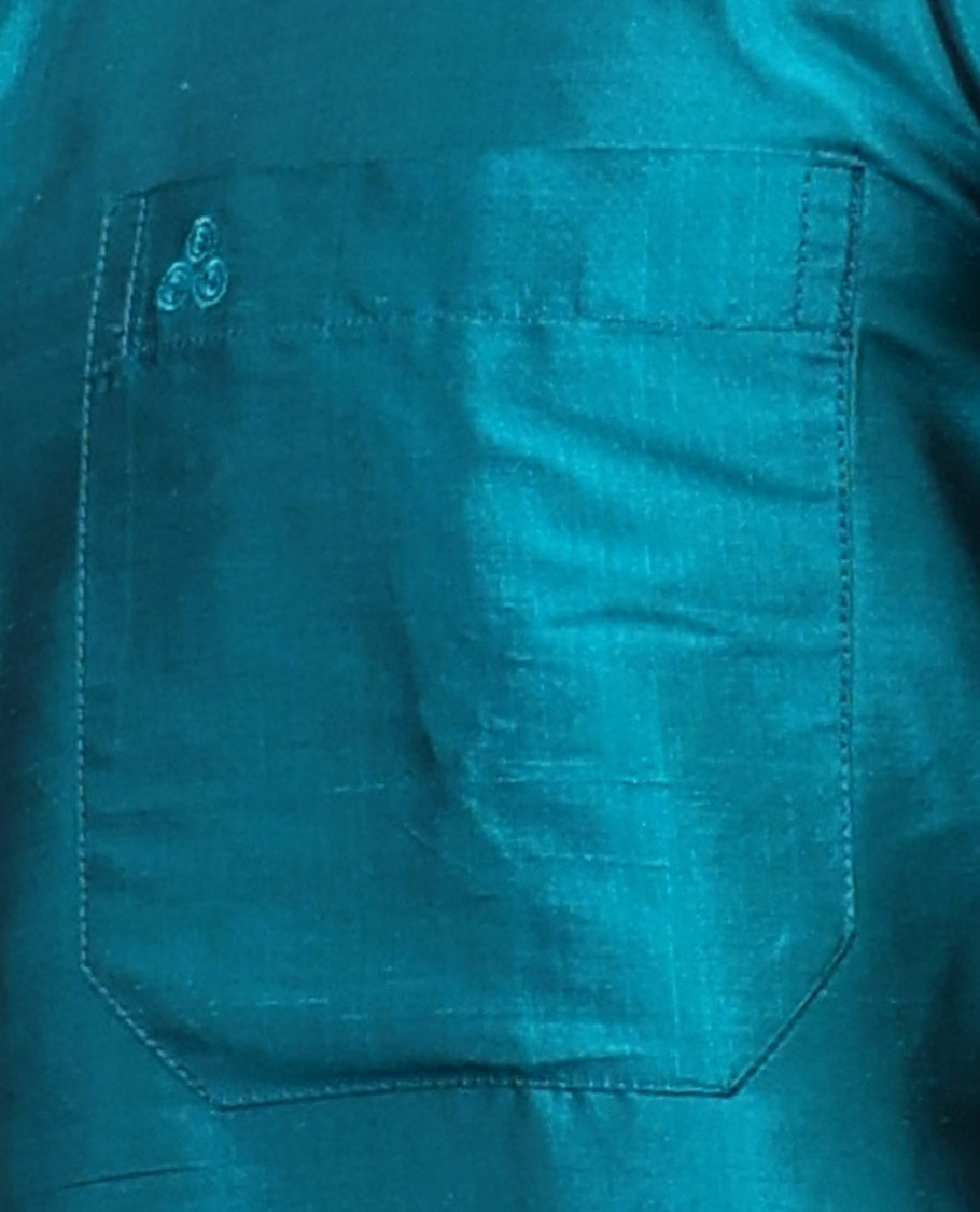 Peacock green plain design half-sleeve pure-silk shirt