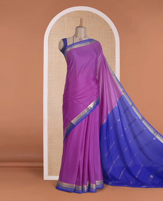 Rani pink plain Mysore silk saree, contrast traditional zari border, and zari striped pallu