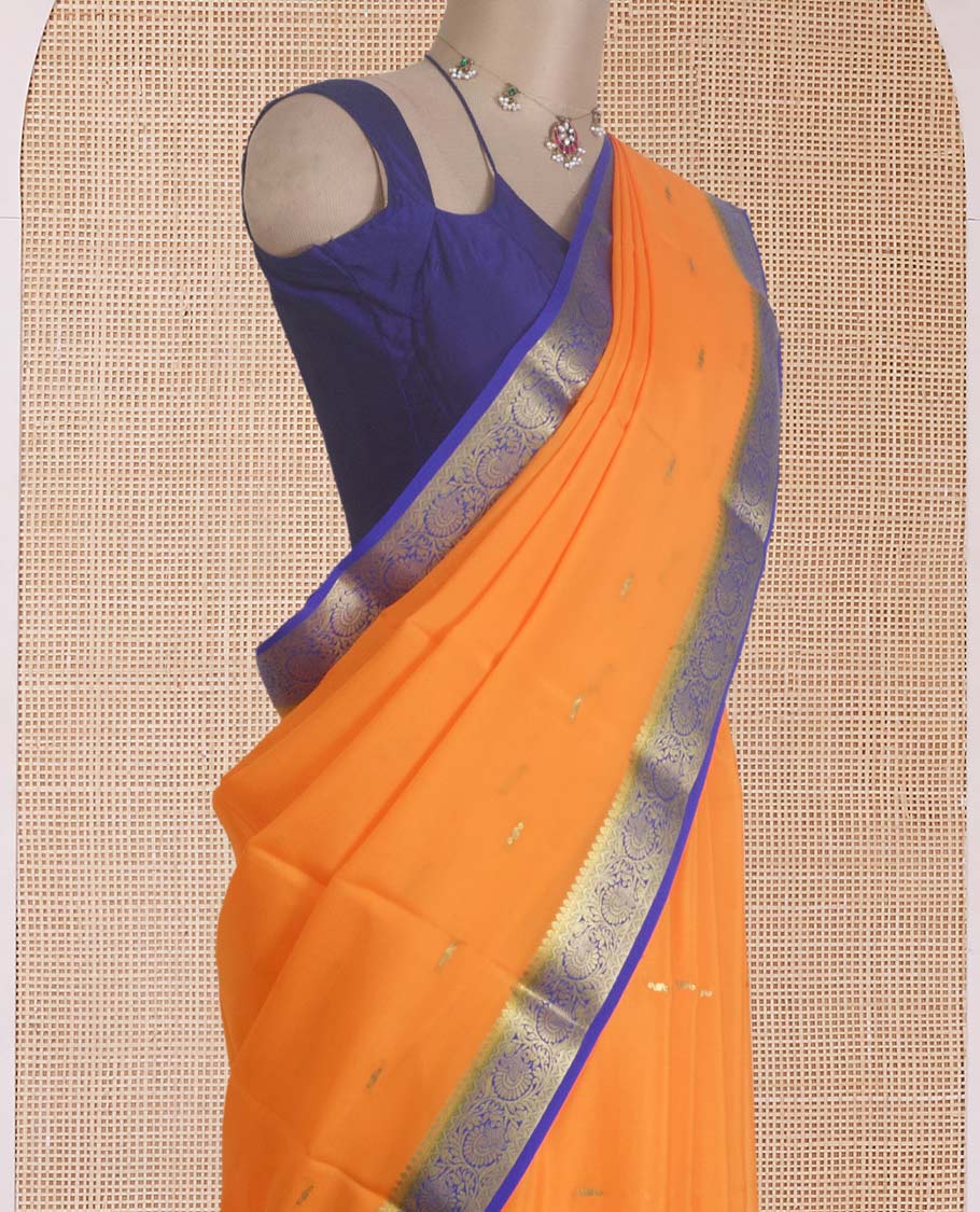 Orange zari buttas Mysore silk saree, contrast traditional zari floral creeper border, and zari striped pallu