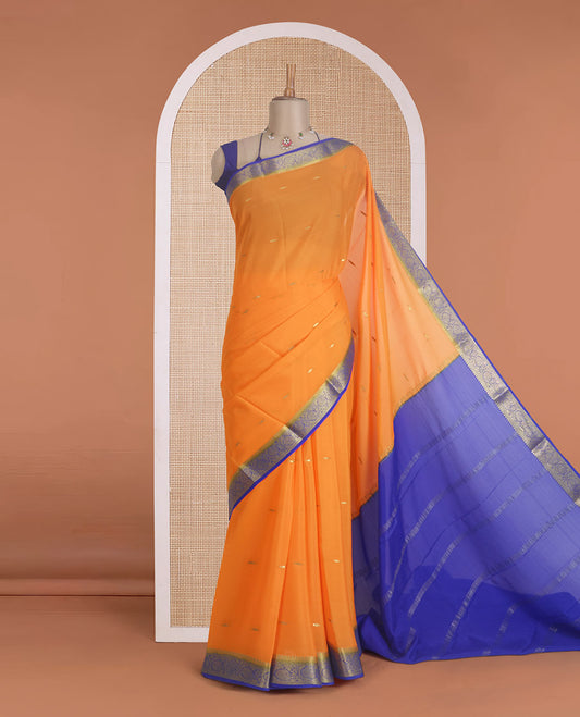 Orange zari buttas Mysore silk saree, contrast traditional zari floral creeper border, and zari striped pallu