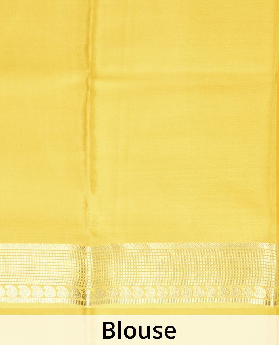Yellow plain Mysore silk saree, traditional zari design steeped border, and zari striped pallu