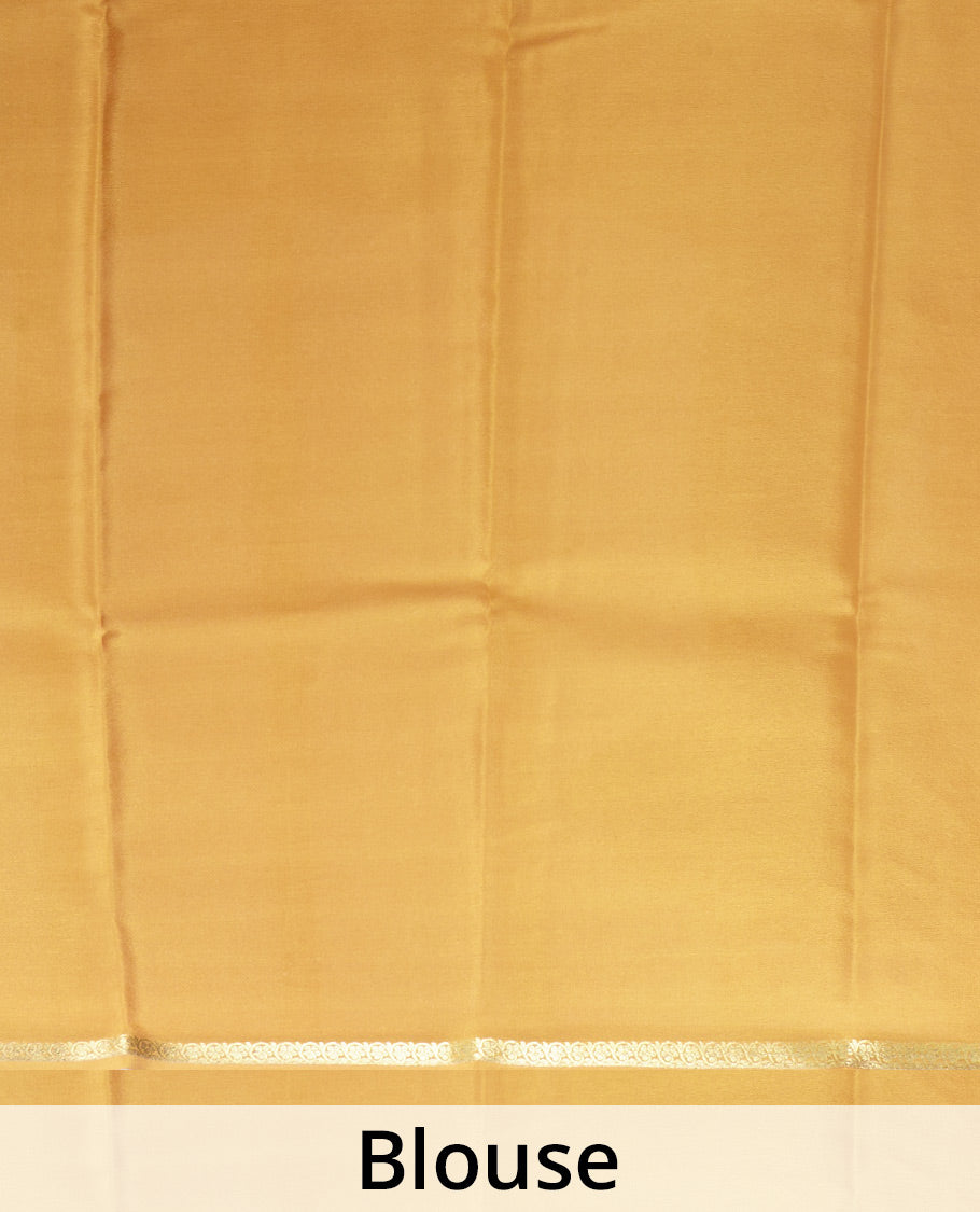 Mustard plain Mysore silk saree, traditional zari border, and zari striped pallu