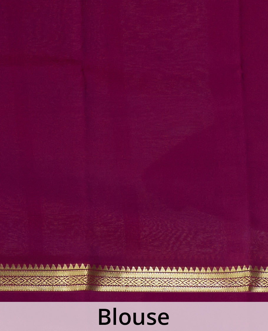 Cream plain Mysore silk saree, contrast temple traditional zari border, and zari striped pallu