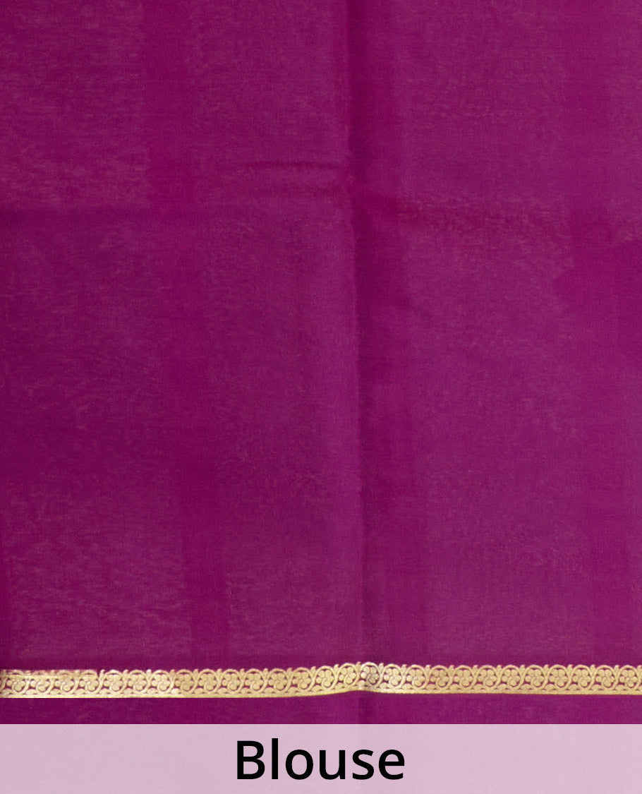 Purple plain Mysore silk saree, floral creeper zari border, and zari striped pallu