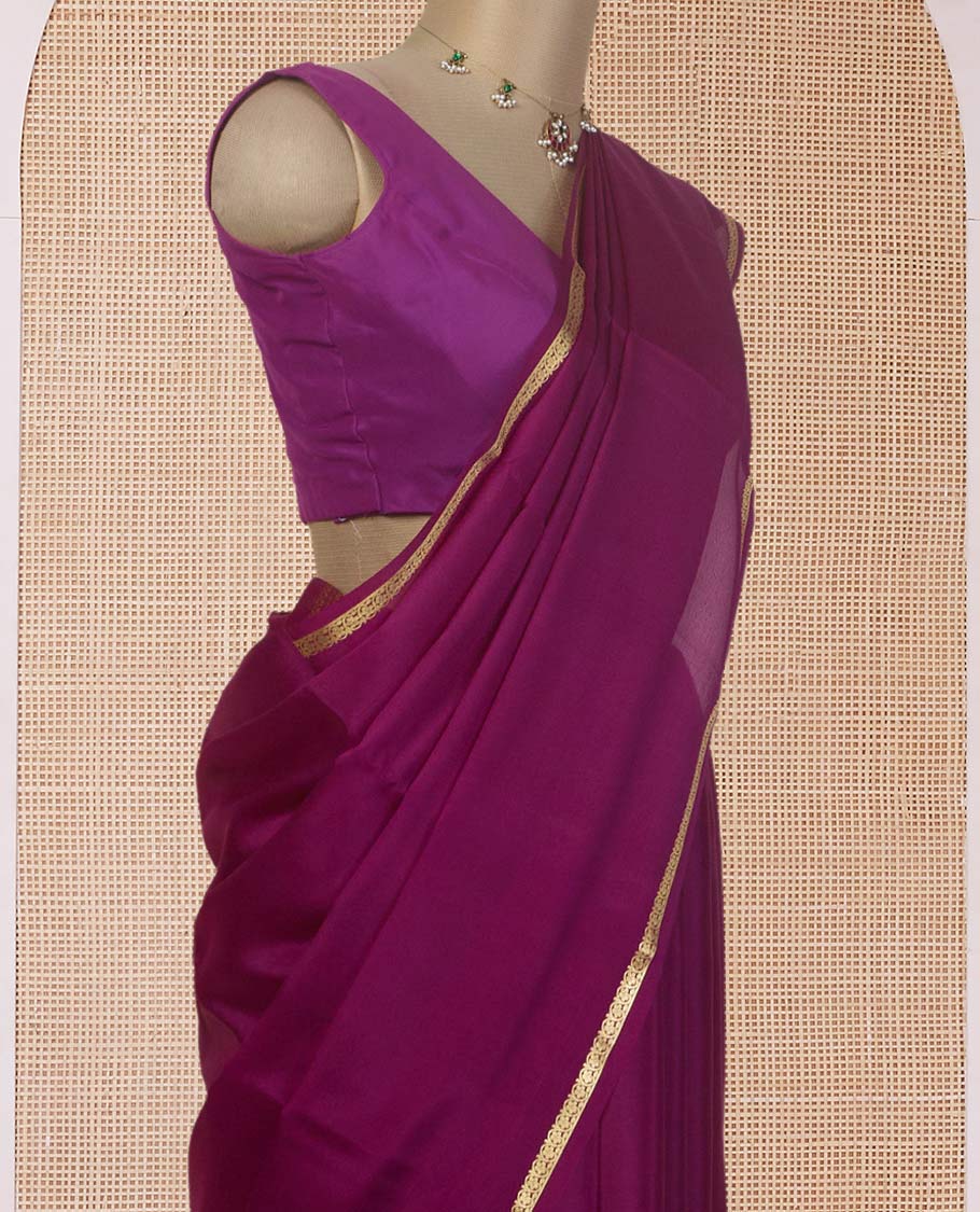 Purple plain Mysore silk saree, floral creeper zari border, and zari striped pallu