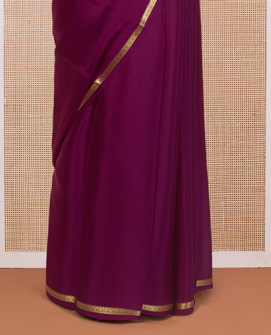 Purple plain Mysore silk saree, floral creeper zari border, and zari striped pallu