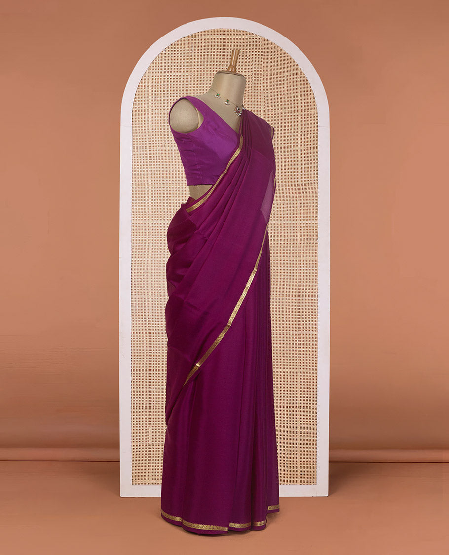 Purple plain Mysore silk saree, floral creeper zari border, and zari striped pallu