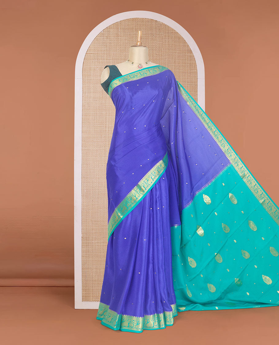 Royal blue zari buttas Mysore silk saree, contrast traditional zari design border, and intricate design pallu