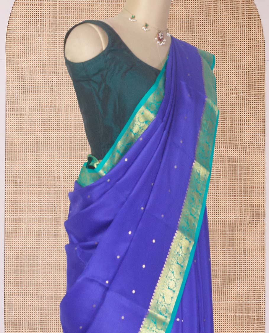 Royal blue zari buttas Mysore silk saree, contrast traditional zari design border, and intricate design pallu