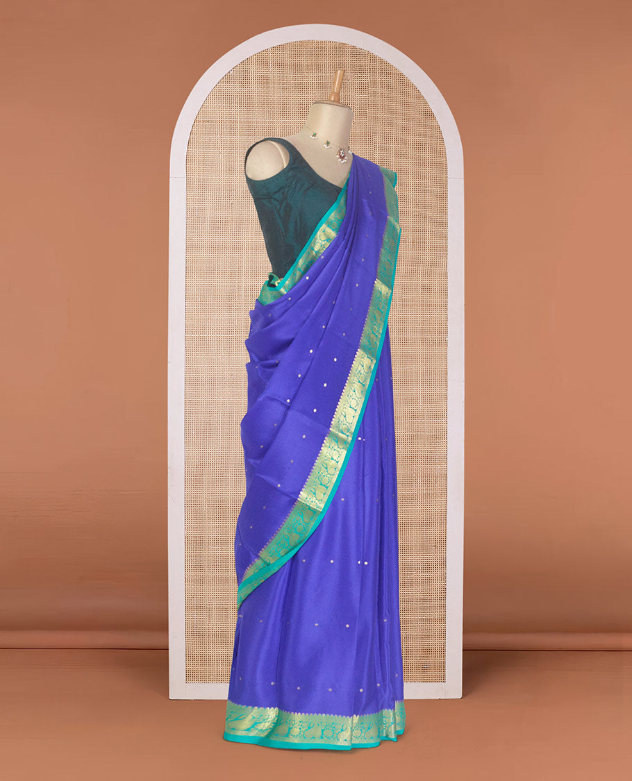 Royal blue zari buttas Mysore silk saree, contrast traditional zari design border, and intricate design pallu