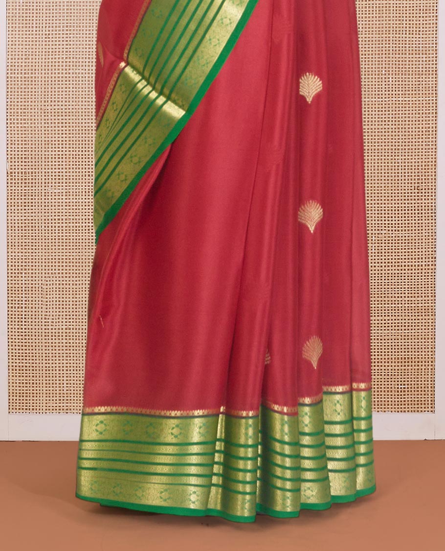 Maroon shell buttas Mysore silk saree, contrast traditional zari design border, and intricate pallu