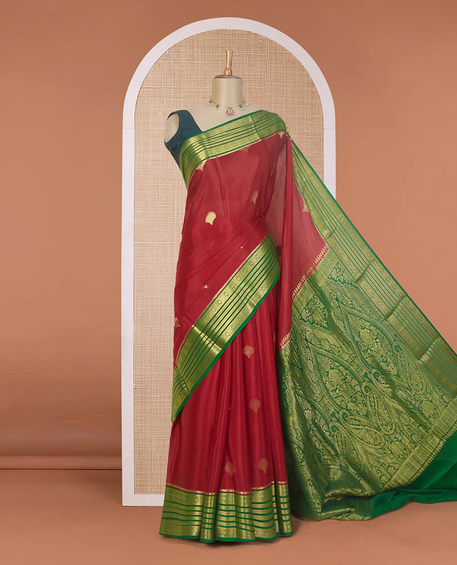 Maroon shell buttas Mysore silk saree, contrast traditional zari design border, and intricate pallu
