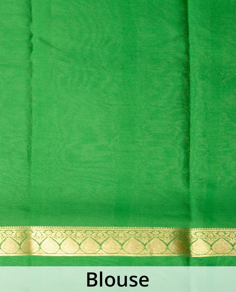 Cherry red plain Mysore silk saree, contrast zari design border, and zari striped pallu