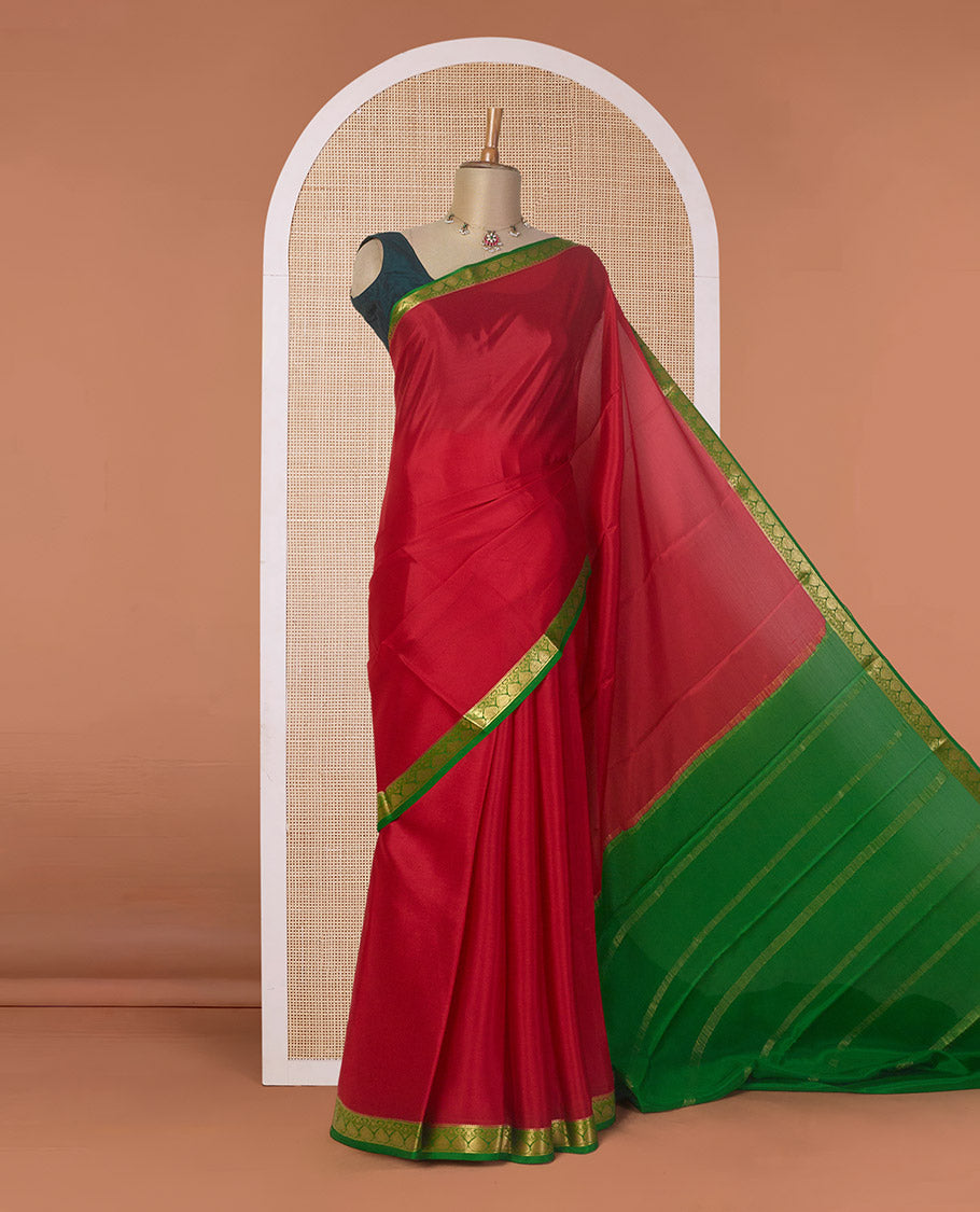 Cherry red plain Mysore silk saree, contrast zari design border, and zari striped pallu