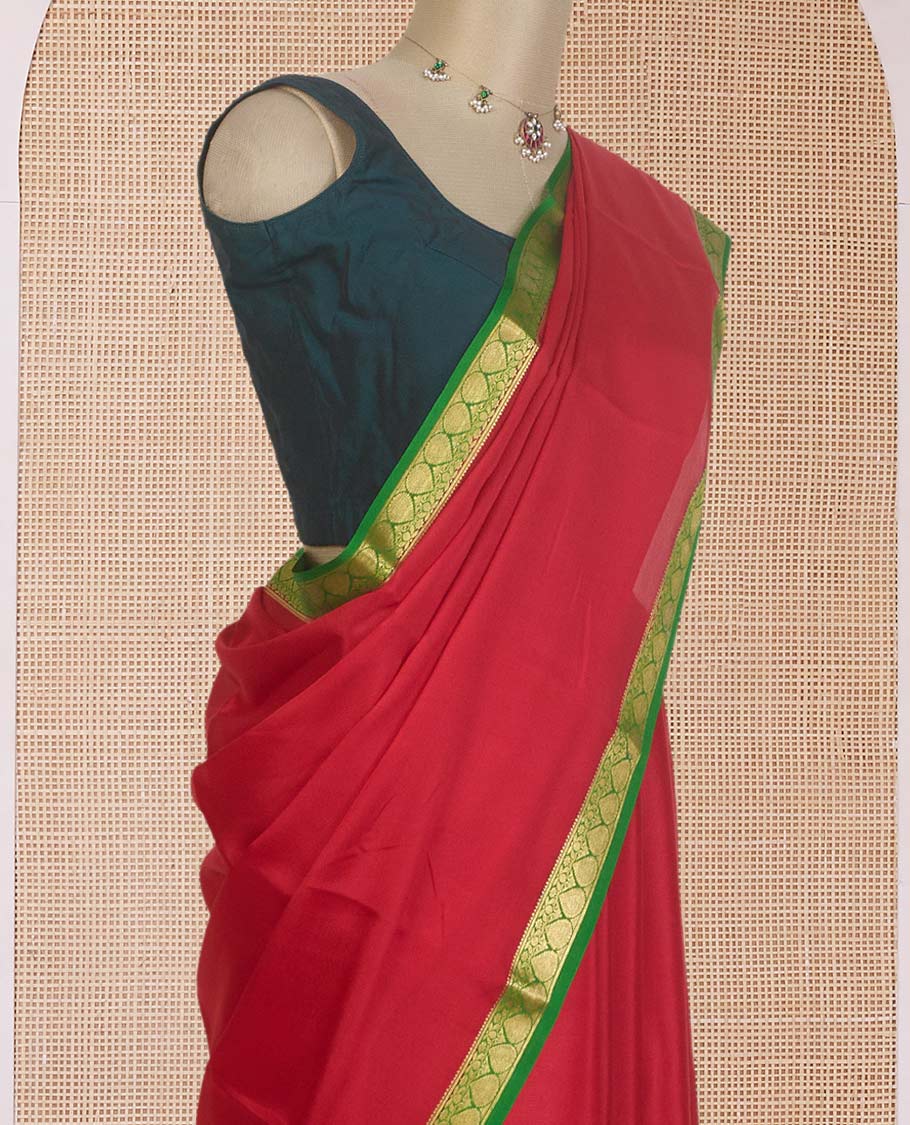 Cherry red plain Mysore silk saree, contrast zari design border, and zari striped pallu