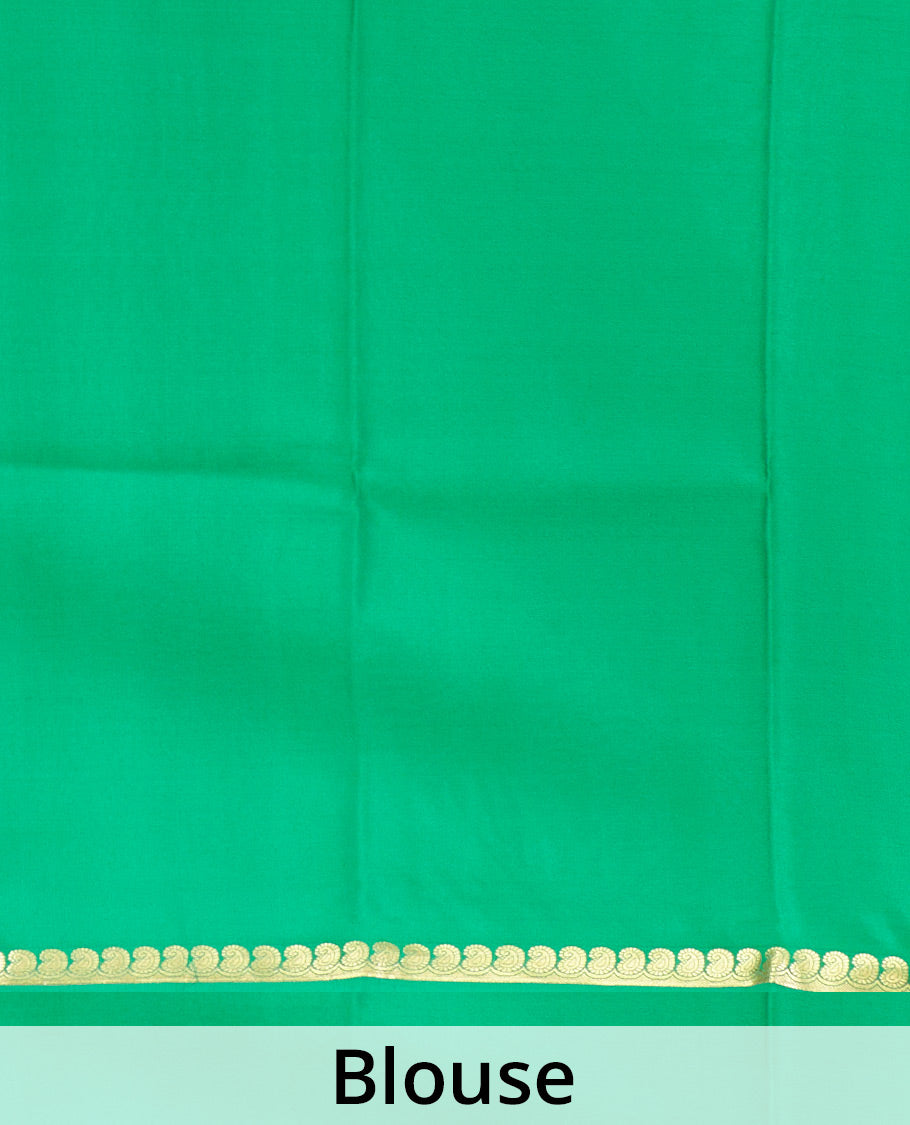 Green plain Mysore silk saree, zari border of paisleys, and zari striped pallu