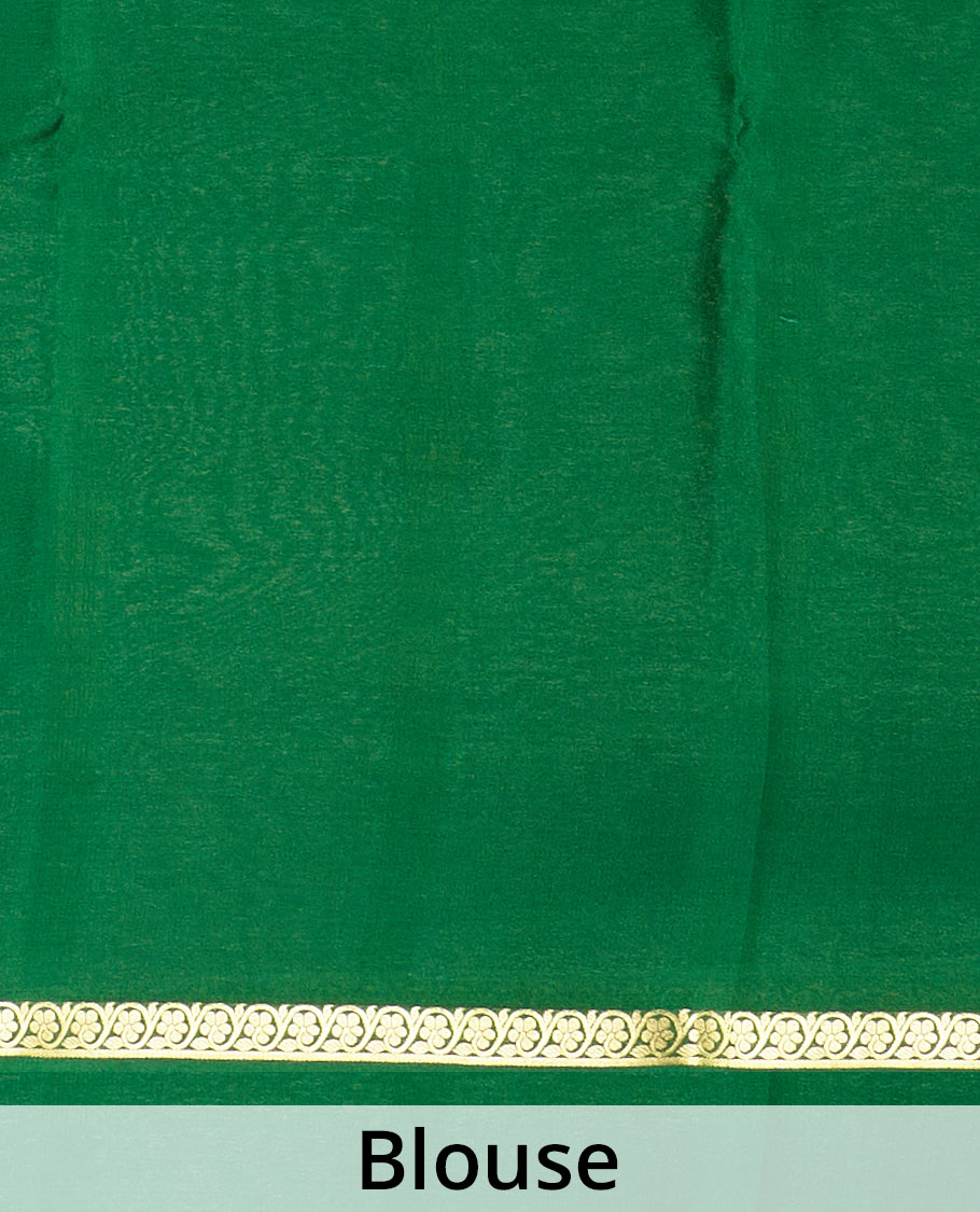 Dark green plain Mysore silk saree, zari border of floral creeper designs, and zari striped pallu