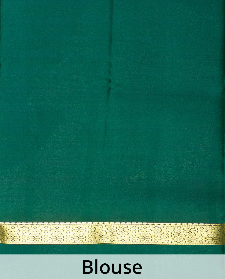 Pista green plain Mysore silk saree, contrast zari border of traditional designs, and zari striped pallu