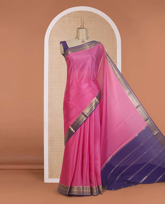 Pink plain Mysore silk saree, contrast traditional zari design steeped border, and zari striped pallu