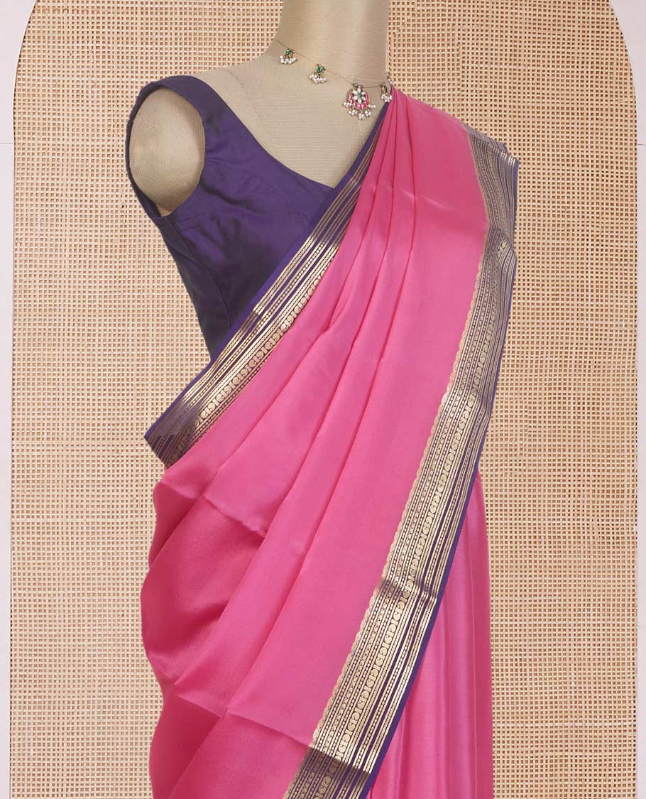 Pink plain Mysore silk saree, contrast traditional zari design steeped border, and zari striped pallu