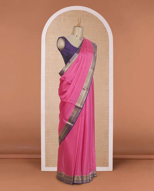 Pink plain Mysore silk saree, contrast traditional zari design steeped border, and zari striped pallu