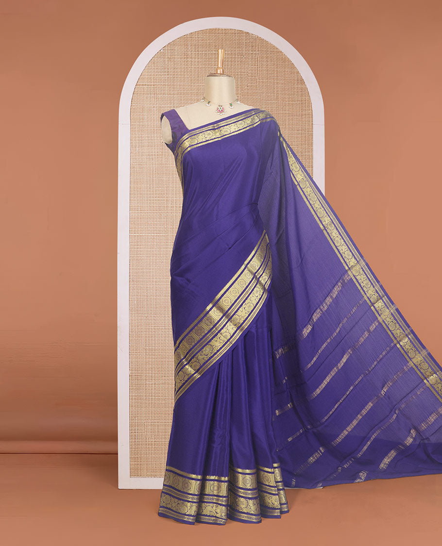 Navy blue plain Mysore silk saree, traditional zari design steeped border, and zari striped pallu