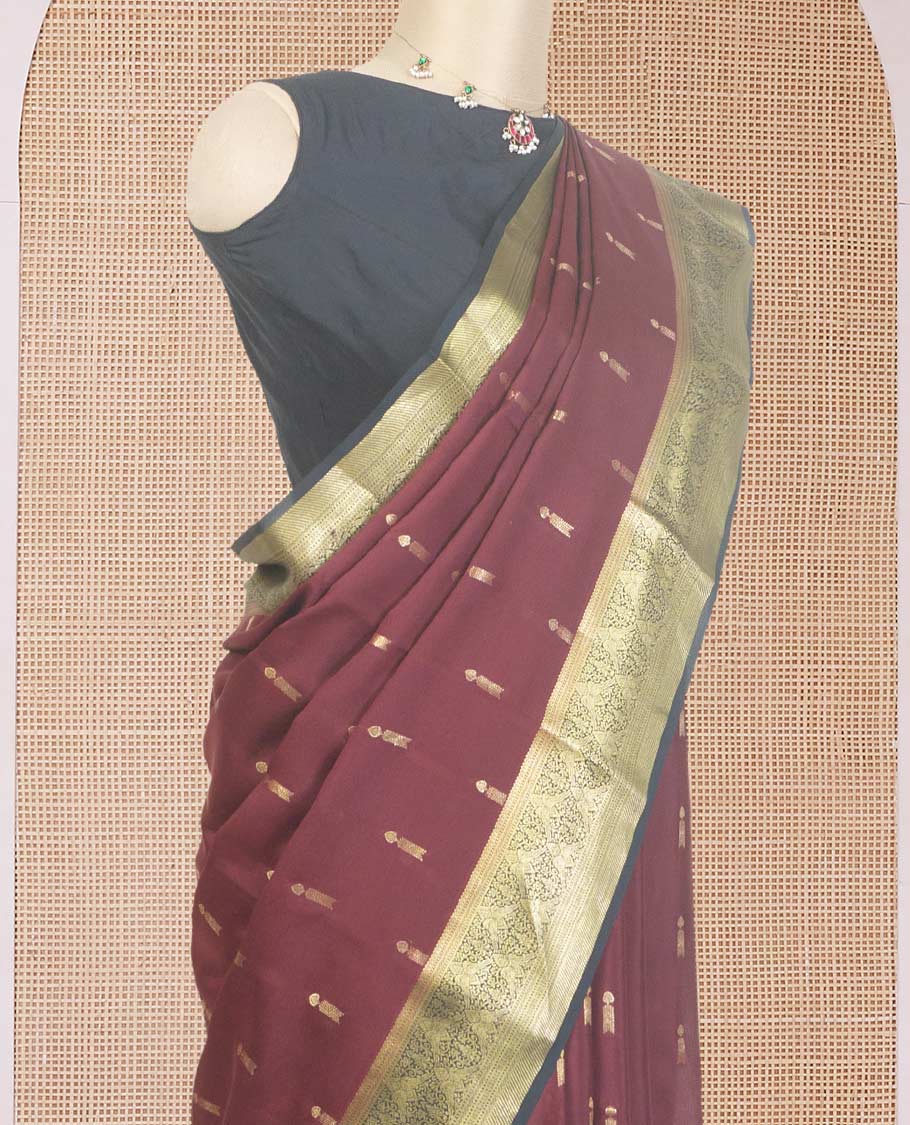 Maroon zari buttas Mysore silk saree, contrast traditional zari design border, and intricate pallu
