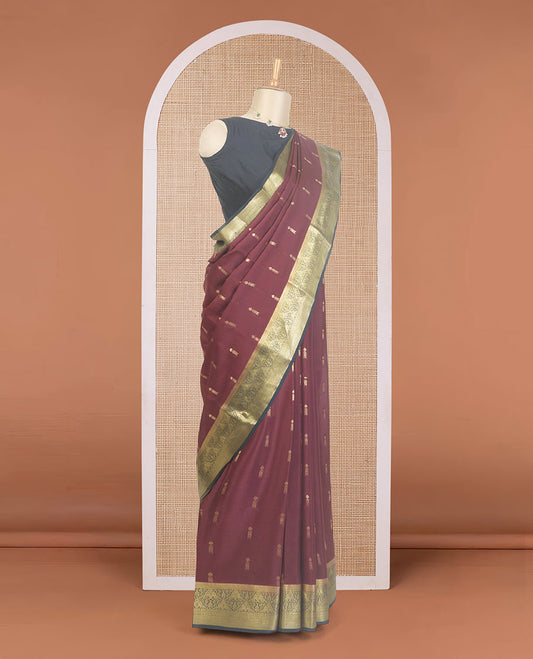 Maroon zari buttas Mysore silk saree, contrast traditional zari design border, and intricate pallu