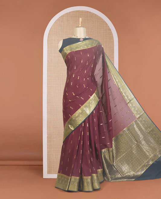 Maroon zari buttas Mysore silk saree, contrast traditional zari design border, and intricate pallu