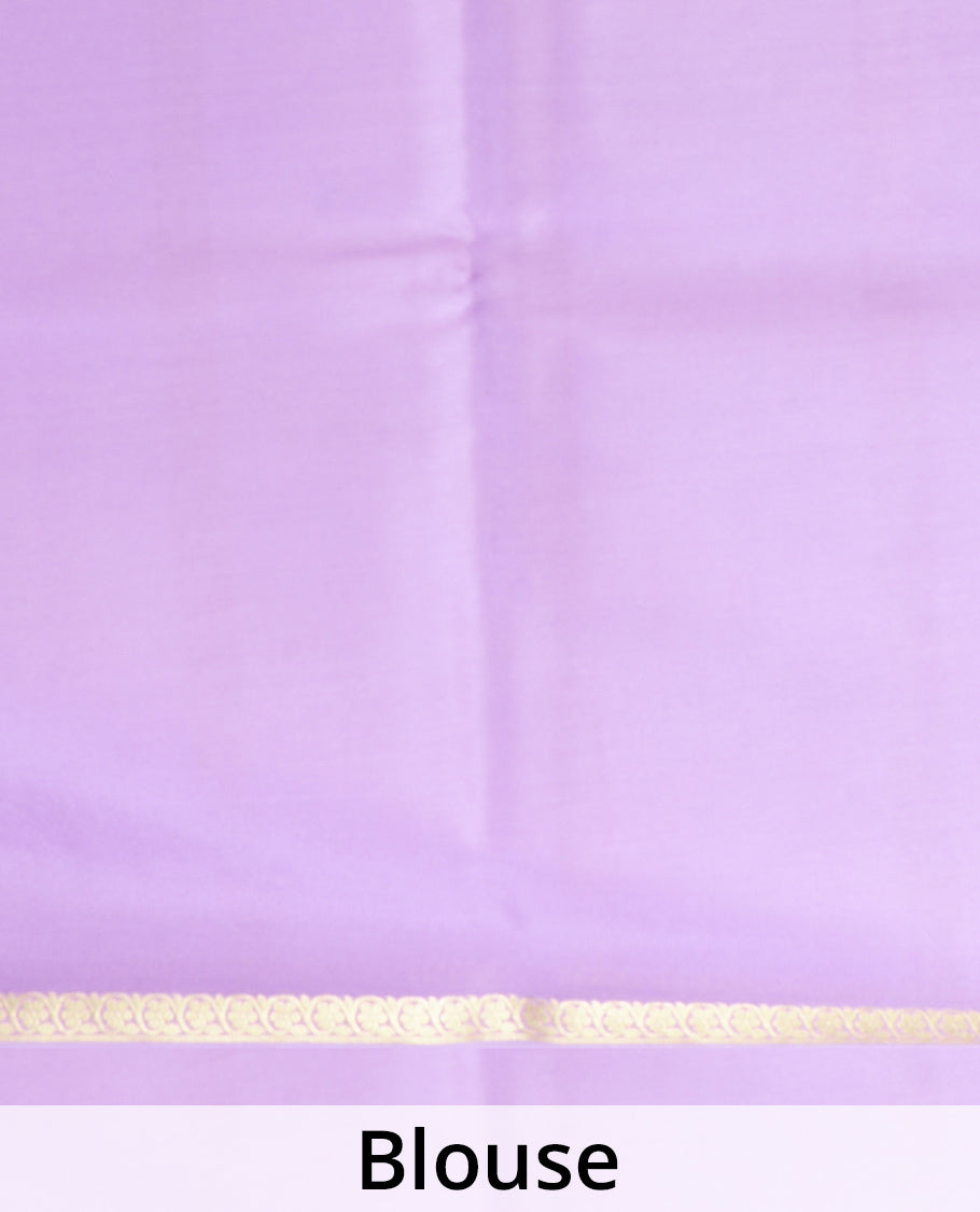 Violet plain Mysore silk saree, floral creeper zari border, and zari striped pallu